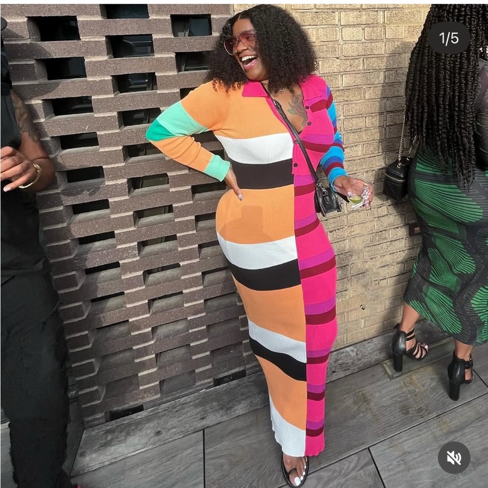 Fashion Nova Peri Colorful Button Up Striped Knit Long Sleeve Maxi Dress Sz 1XL - Picture 14 of 17